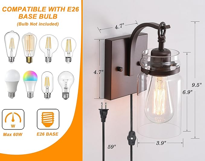 Plug in Wall Sconces Set of 2, Oil Rubbed Bronze Sconces Wall Lighting Fixtures with Clear Glass Indoor Farmhouse Wall Lamp for Bedroom Living Room