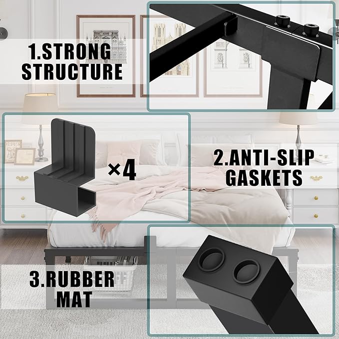 10 inch California King Size Bed Frame Low Profile Metal Platform Frames with Mattress Slide Stopper,Heavy Steel Slats Support,No Box Spring Needed,Noise Free,Non-Slip,Easy Assembly