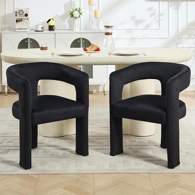 Modern Barrel Dining Chairs Set of 4, No Assembly Velvet Upholstered Dining Room Chairs with Open Back and 3 Legs, Comfy Accent Armchairs for Living Room/Bedroom/Kitchen/Reading, Black