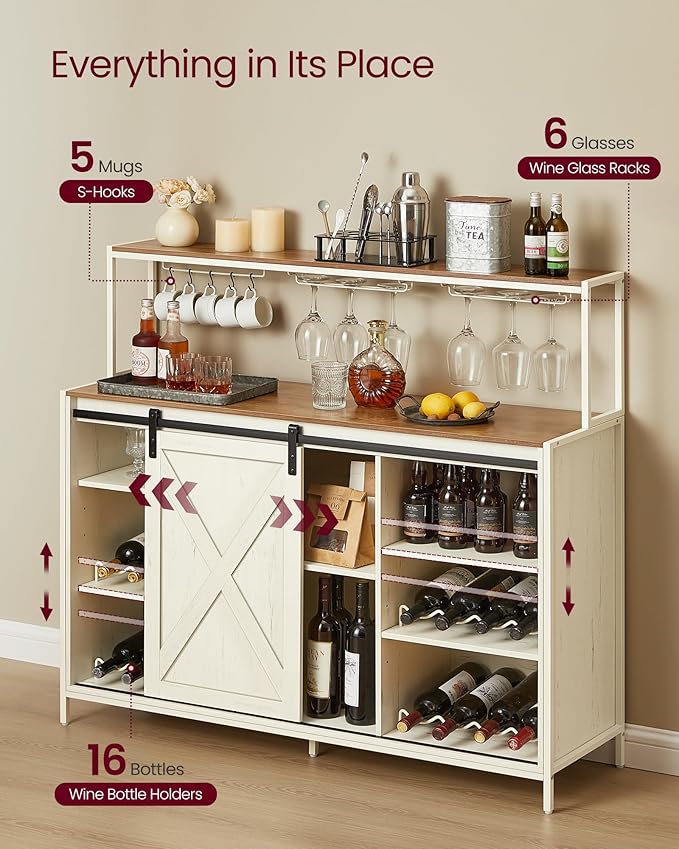 VASAGLE Coffee Bar Cabinet with Power Outlet and Voice Control LED Light, Buffet Cabinet with Sliding Barn Doors, S Hooks, Wine Glass Racks, Bottle Holders, Rustic White and Honey Brown ULSC201W01