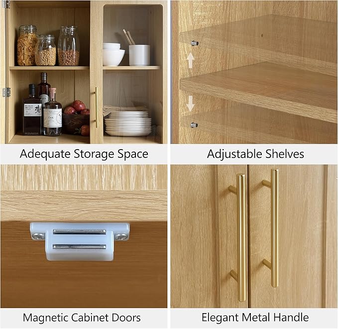 Tall Pantry Cabinet with Glass Doors, 77" Kitchen Storage Cabinets with Arched Doors & Adjustable Shelves, Mid Century Modern Wooden Display Wine Cabinet for Living Room, Dining Room, Oak