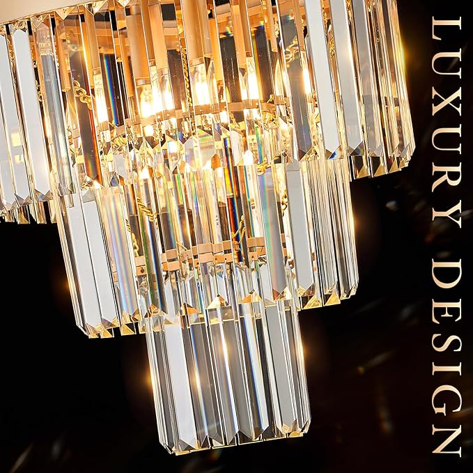 Gold Crystal Chandeliers 16" Modern 6-Light Small Pendant Light Luxury 3 Tiers K9 Crystal Ceiling Pendant Round Light Fixture for Dining Room Entryway Kitchen Bedroom Closet