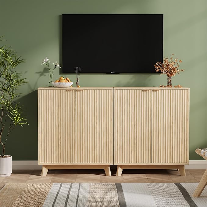 Garvee 34.49 in Sideboard Buffet Cabinet with Storage, Modern Fluted Accent Credenza with Doors & Adjustable Shelves, Wood Coffee Bar Console Table for Living Room, Dining Room, Kitchen or Entryway