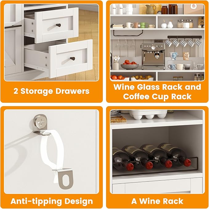 Hutch Storage Buffet Cabinet with Drawers, and Charging Station, Coffee Bar Cabinet with Barn Doors, Wine Rack and Hooks, White Wood Sideboard Buffet for Kitchen, Dining Room, 54.5" High