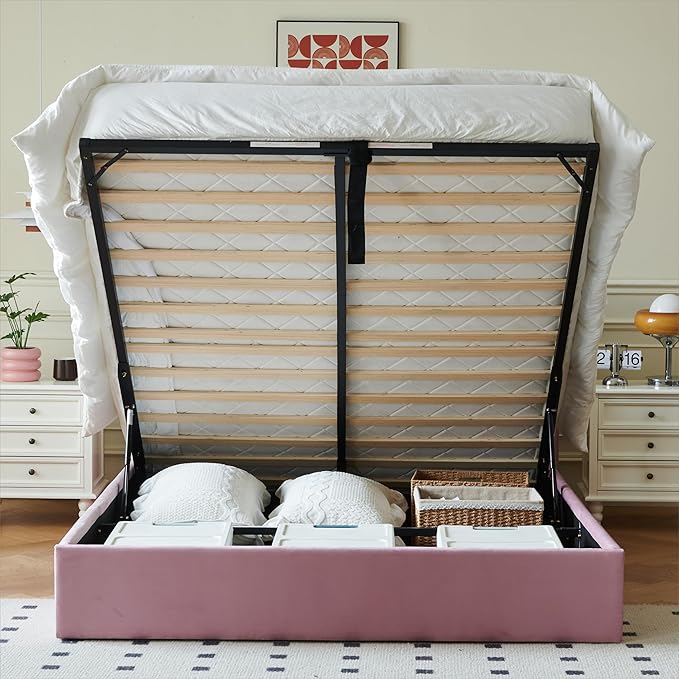 YUHUASHI Queen Size Hydraulic Storage Bed, Upholstered Platform Bed Frame, Modern Wingback Design Headboard, Velvet Fabric with Hydraulic Support Bars, No Box Spring Required (Pink, Full)