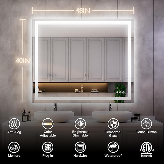 ISKM 48'' x 40'' LED Mirror for Bathroom Lighted Vanity Mirror for Wall Front Lights + Backlit LED Bathroom Mirror Anti-Fog Tempered Glass ETL Listed