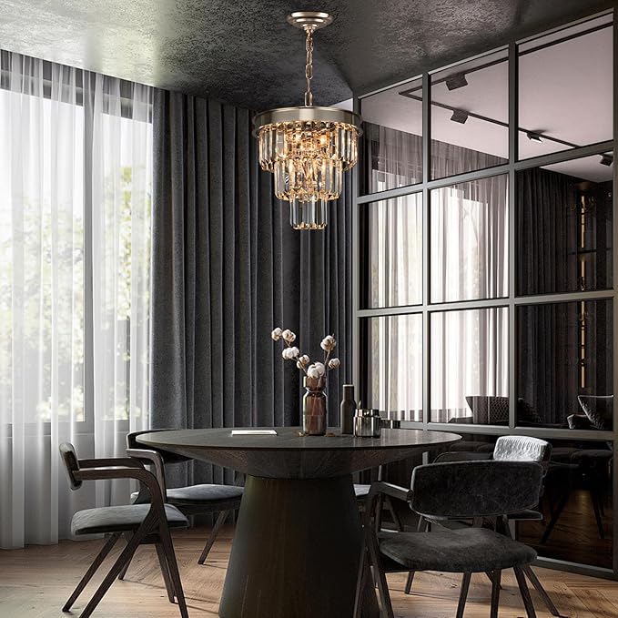 Crystal Chandeliers for Dining Room Light Fixtures Over Table,4-Lights Modern Champagne Gold Crystal Pendant Lighting Fixture,Small Chandeliers for Kitchen Island Bedroom Entryway D12 Inch