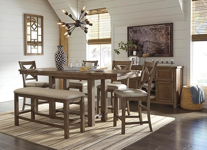 Signature Design by Ashley Moriville Rustic Farmhouse Counter Height Dining Extension Table, Separate Extension Leaves, Seats 8, Wood, 36" W x 86" D x 36" H, Brown