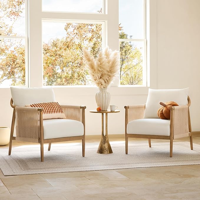 CHITA Braid Accent Chair, Modern Armchair with Solid Wooden Armrest for Living Room and Bedroom, Boho Reading Chair, Cream