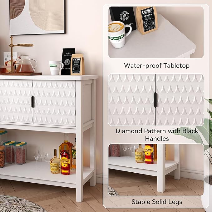 Modern Console Table with 3 Diamond Pattern Doors, Wood Entryway Table with Storage, Behind The Couch Sofa Table for Hallway, Living Room, Foyer, Dining Room, White