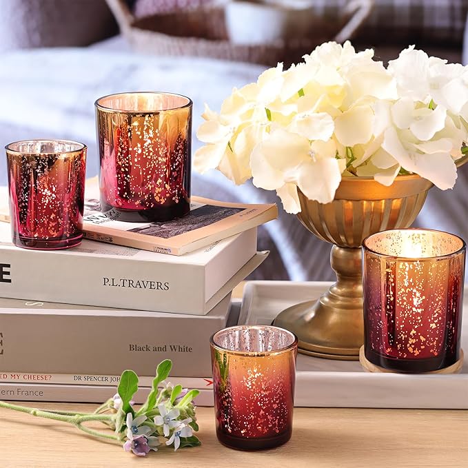 Volens 12pcs Assorted Burgundy Votive Candle Holders, Large Speckles Mercury Glass Votive & Tealight Candle Holder Bulk for Wedding Table Centerpiece, Burgundy and Gold Themed Party Decorations