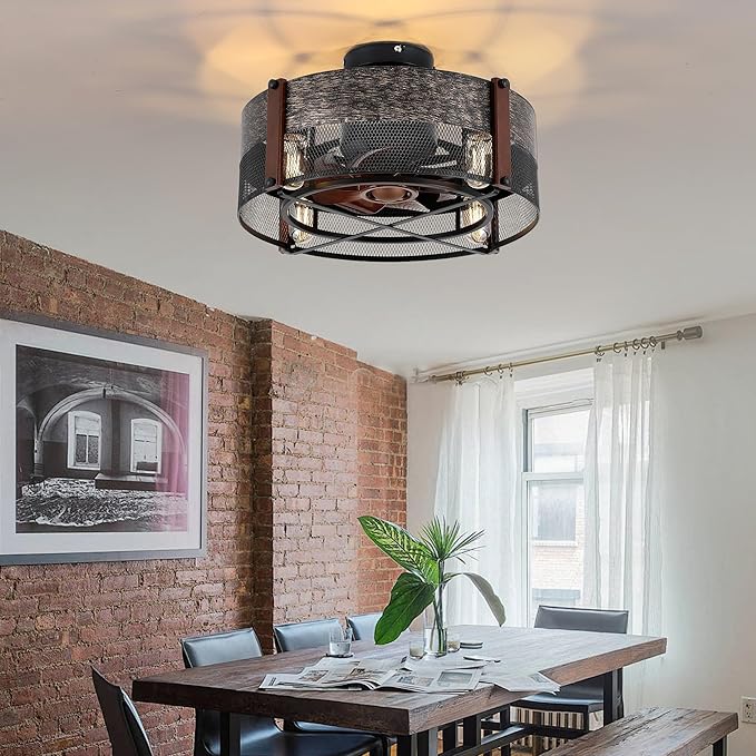 SHIHOT 19“Caged Ceiling Fan with Lights and Remote, Small Farmhouse Low Profile Ceiling Fan Light, Black Bladeless Ceiling Fans for Bedroom Kitchen,Reversible