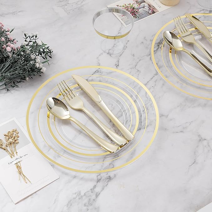 BESTVIP 100PCS Clear Plastic Plates, 10.25 Inch Disposable Dinner Plate Party with Gold Rim, Heavy Duty Disposable Plastic Plates for Party, Wedding and Birthday, Christmas, Thanksgiving