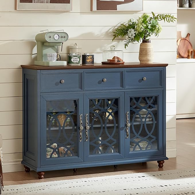 Farmhouse Sideboard Buffet Cabinet Set of 2 with Storage,48" Large Credenza with 3 Glass Doors & 3 Drawers,Adjustable Shelves Console Table,Wood Kitchen Coffee Bar for Dining Room,Navy Blue