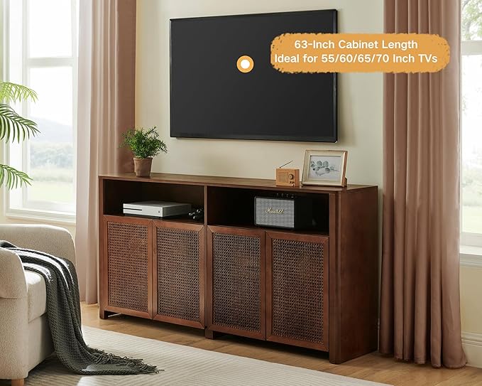 LKTART 63" Rattan Sideboard Buffet Cabinet,Kitchen Storage Cabinet,Wood Coffee Bars with 4 Doors & Open Storage Shelves,Mid Century Modern Credenza Console Table for Living Room,Walnut