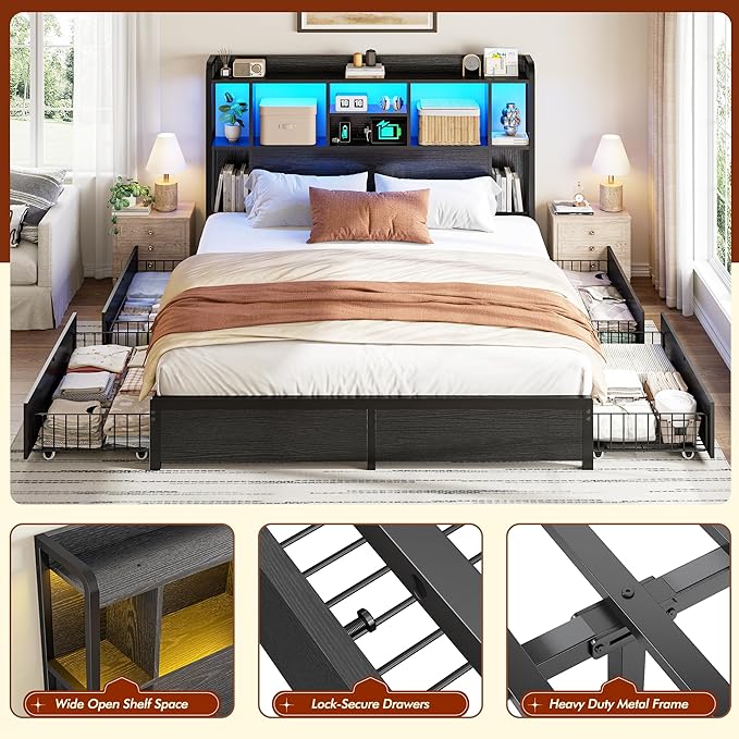 Queen Bed Frame with Storage Headboard & 4 Large Drawers Bed Frame Queen Size with 51" Tall Headboard 9 Compartments Led Lights & Charging Station,No Box Spring Needed, No Noise,Black