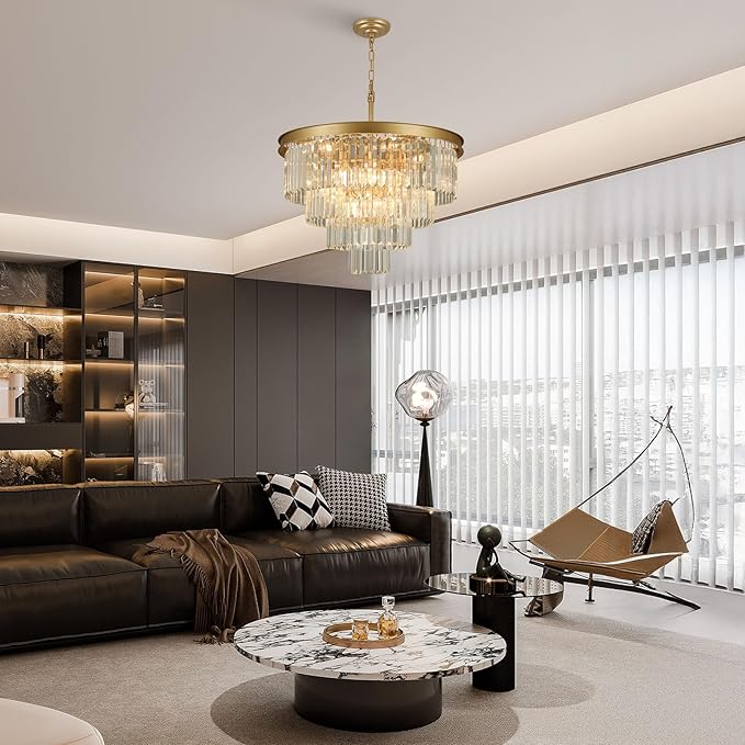 Crystal Chandeliers for Dining Room Lights Fixture Over Table, 15 Lights Gold Modern Chandeliers for Living Room, 4-Tier Round Crystal Lighting Fixtures for Bedroom Entryway Kitchen Island D24 Inch