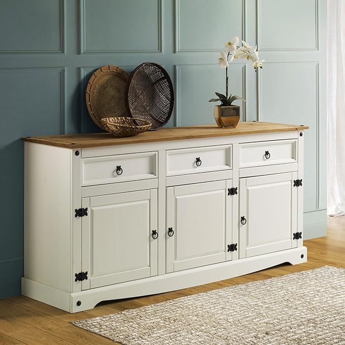 Furniture Dash Solid Wood Sideboard Buffet 65.9" W, 16.9" D, 31.6" H - Wooden Storage Cabinet 3 Doors & 3 Drawers, Cupboard Console Table, Ideal for Living Room, Kitchen Island, Dining Room - White