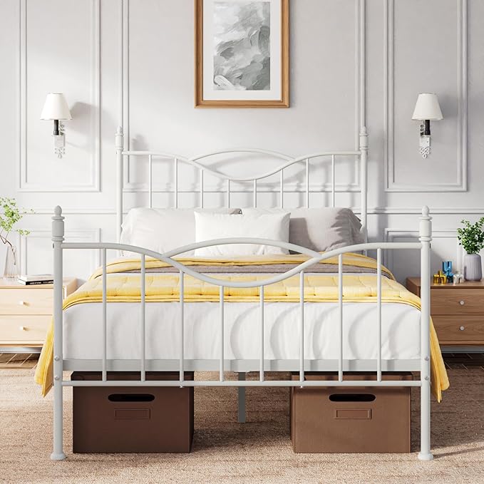 Full Size Bed Frame with Headboard, 14 Inch Tall Metal Platform Bed Frame Mattress Foundation with Footboard, Under Bed Storage, Strong Metal Slats Support, No Box Spring Needed, White
