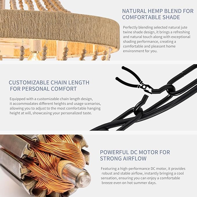 Vintage Bohemian Empire Chandelier Fan with 64 Wood Bead Strands, 7-Blade Invisible Fan, Antique White Gold Finish Ceiling Fan for Living Room, Bedroom(White Gold, 20'' Boho Style)