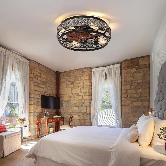 SHIHOT 18" Low Profile Caged Ceiling Fans with Lights and Remote, Flush Mount Ceiling Fan with Light, Bedroom Fan, Small Industrial Black Ceiling Light Fixture, Reversible(Bulbs Not Included)