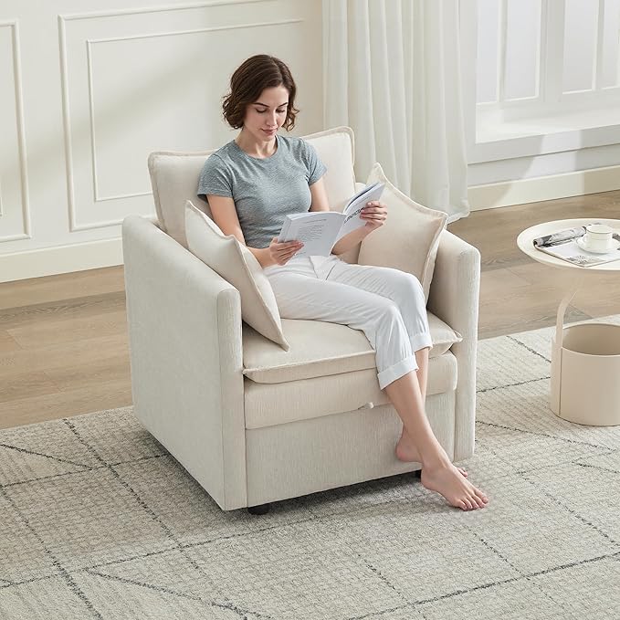 30" Cloud Modular Single Sofa Chair with Storage, Modern Upholstered Accent Chair Deep Seat, Chenille Reading Lounge Armchair for Living Room, Bedroom, Small Space, Beige