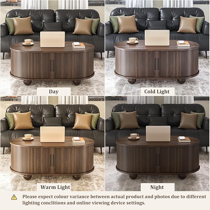 Alohappy Oval Coffee Table, Mid Century Modern Coffee Table with Sliding Tambour Doors, Fluted Center Table with Hidden Storage for Living Room, Dining Room, Apartment, Home Office, Walnut