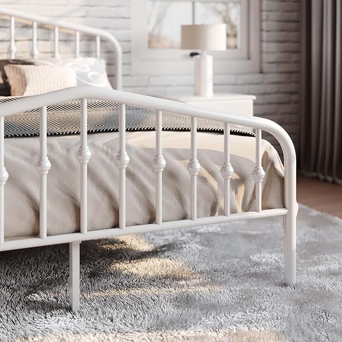SHA CERLIN Full Size Metal Platform Bed Frame with Victorian Style Wrought Iron-Art Headboard/Footboard, No Box Spring Required, White
