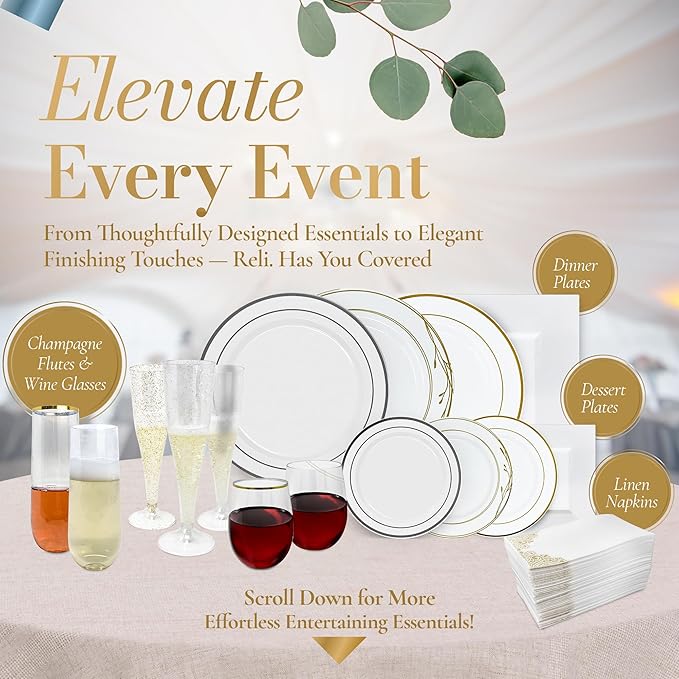 Reli. Plastic Plates for Party | 385 Pieces | White w/Gold Rim | Plates and Napkins Party Supplies | Disposable Dinnerware Set for 55 Guests | Dinner & Dessert Pack, Gold Cutlery Set, Napkins, Cups