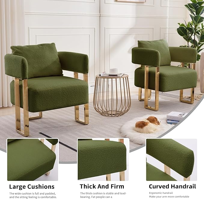 YISHENG Modern Barrel Accent Chairs Set of 2, Living Room Side Chairs with Golden Metal Legs Soft Teddy Upholstered Reading Armchairs no Wheels for Vanity/Reception Room//Bedroom/Lounge/Office, Green