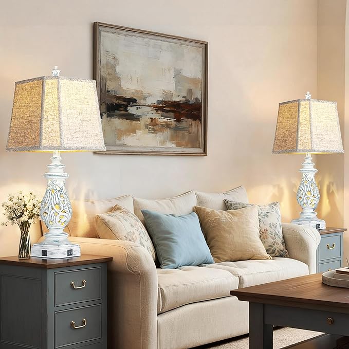 PARTPHONER 29" Table Lamps Set of 2, Bedside Lamps with USB A+C Ports & Night Light, Farmhouse Nightstand Lamps with Linen Fabric Shades for Bedroom Living Room, Washed Blue (LED Bulbs Included)