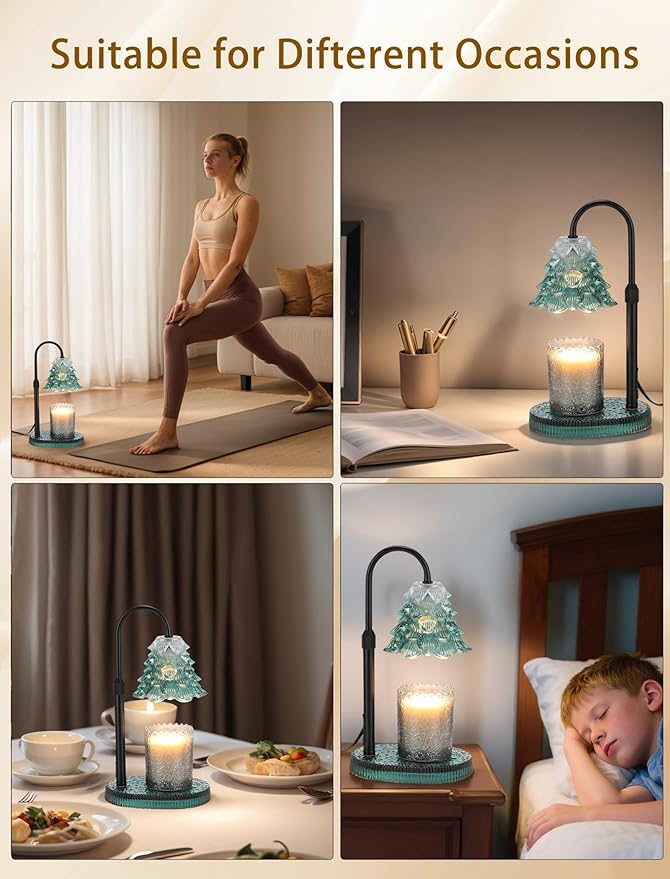Candle Warmer Lamp with Timer & Dimmer, Crown Glass Lamp Candle Warmer for Jar Candles, 2 Bulbs, Height Adjustable Electric Wax Warmer for Elegant Home Decor (Emerald Pine)