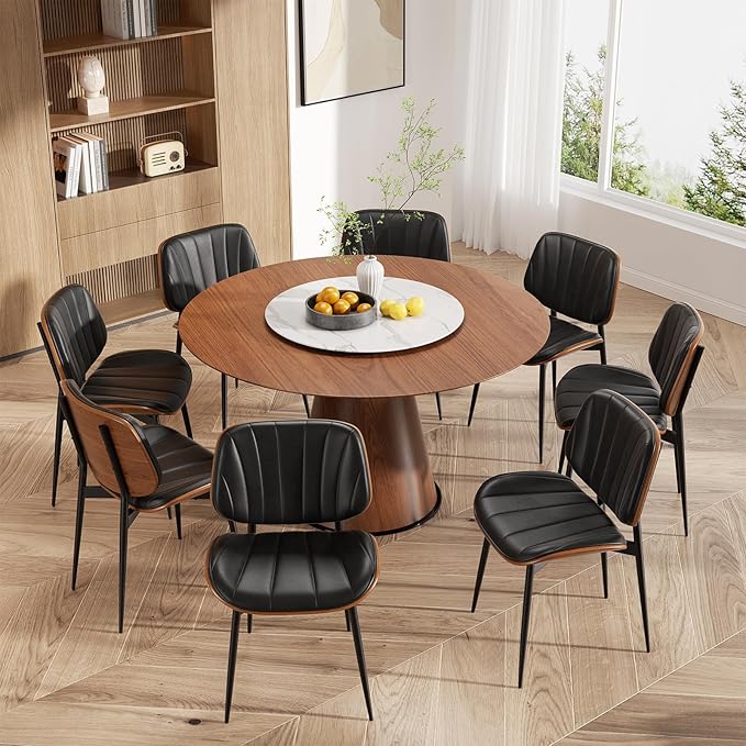 Dining Chairs Set of 6, Mid Century Modern Dining Room Chairs, Upholstered Faux Leather Kitchen Chair with Walnut Bentwood Back and Metal Legs for Kitchen Living Room, Black