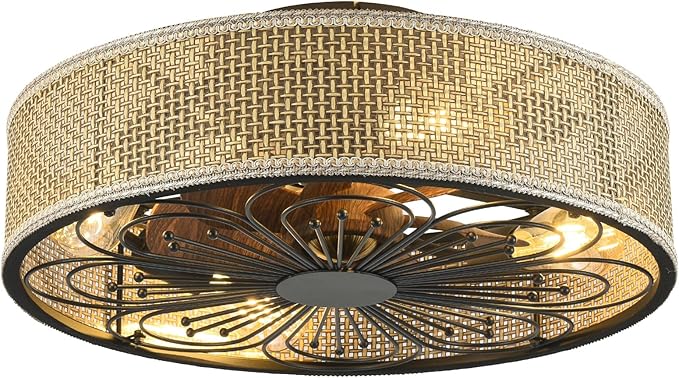 Modern Boho Rattan Flush Mount Ceiling Fans with Lights and Remote Control Low Profile Bladeless Ceiling Fan Timer and 6-Speed Reversible Motor for Bedroom, Kitchen, Dining Room Include Bulbs