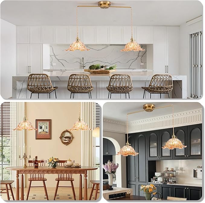 2-Lights Brass Vintage Pendant Light Fixtures, Modern Chandelier Pendant Light with Amber Flower Glass Lmapshade, Adjustable Hanging Lights for Kitchen Island Dining Room Hallway, E26,(Amber)