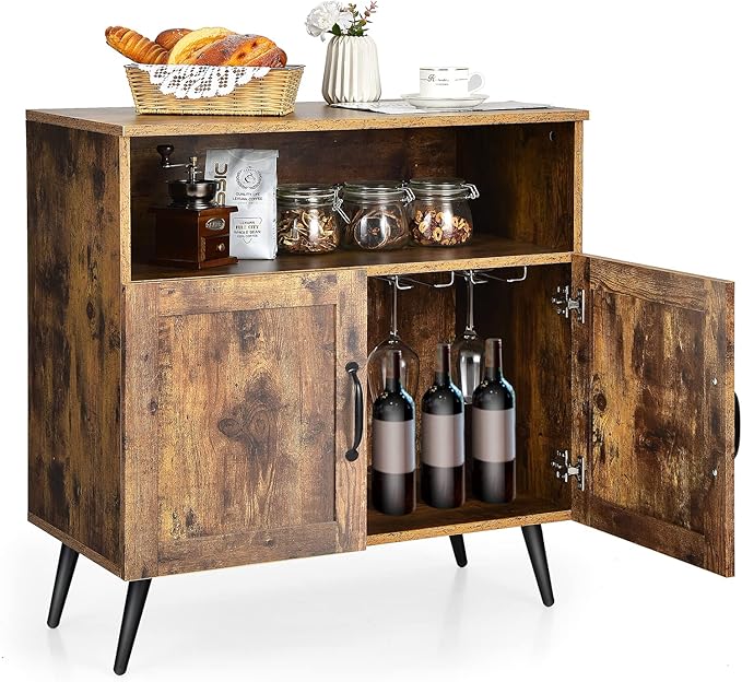 Giantex Mid-Century Storage Cabinet, Wooden Floor Cabinet with 2 Doors, Free-Standing Sideboard with Wine Glass Holders, Accent Side Cabinet for Living Room, Dining Room, Kitchen, Rustic Brown