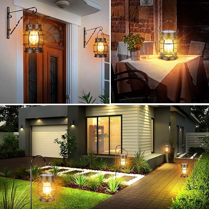 UBright 2 Pack Solar Lantern Lights Outdoor Waterproof Metal Hanging Solar Lights for Outside Retro Design with Edison Bulb Outdoor Lanterns Decorative for Patio Porch Garden Lawn