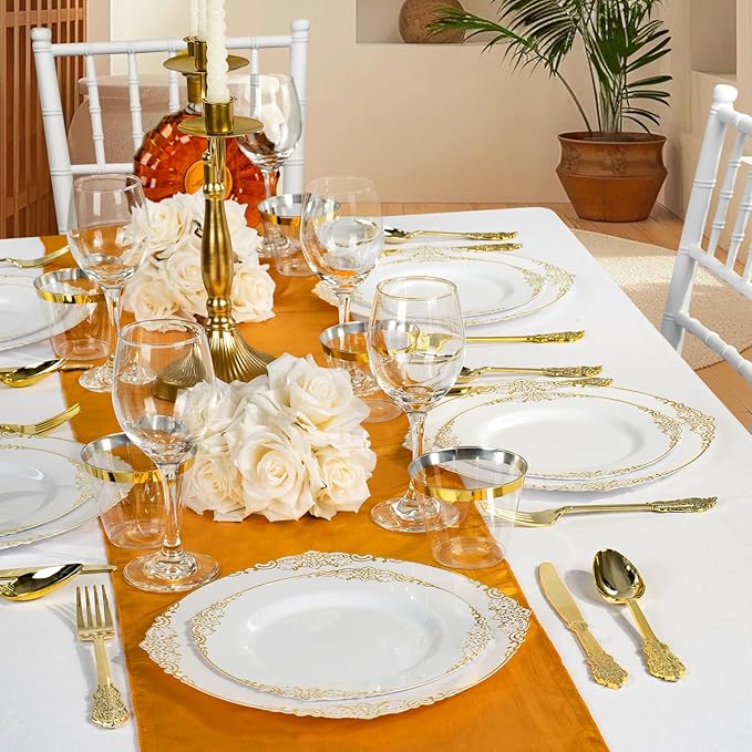 350PCS Gold Plastic Plates for 50 Guests, Disposable Dinnerware Sets Include 100 Gold Rim Plastic Plates, 50 Silverwares, 50 Cups, and 50 Pre Rolled Napkins for Party, Wedding, Graduation