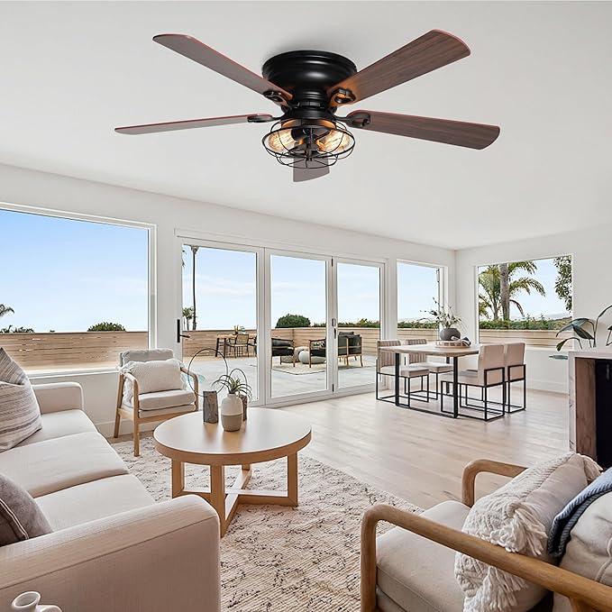 Parrot Uncle Low Profile Ceiling Fans with Lights and Remote, Black Farmhouse Flush Mount Ceiling Fan with Light for Bedroom Living Room, Rustic Chandelier Fans, Reversible 5-Blades, Timer, 48 Inch