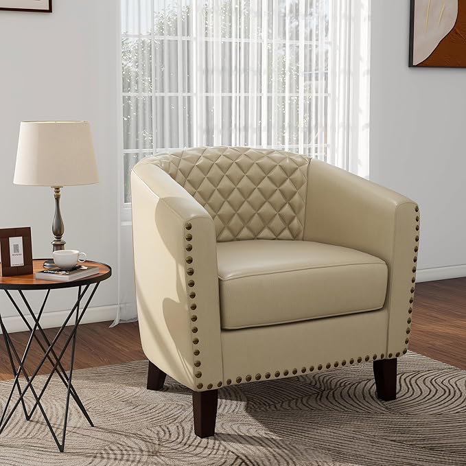 Pia Ricco Faux Leather Barrel Chairs Set of 2, Modern Comfy Accent Chairs, Upholstered Armchair Club Chairs with Nailhead Trim, Single Sofa Barrel Chair for Living Room Reading Room, Beige