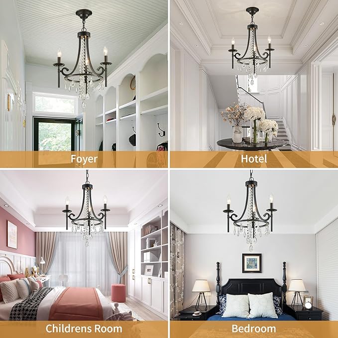 Small Crystal Chandelier, 3-Lights Modern Black Chandeliers for Dinning Room, Wagon Wheel Black Chandelier, Farmhouse Hanging Pendant Light Fixture for Bedroom Hallway Entryway Bar Kitchen Bathroom