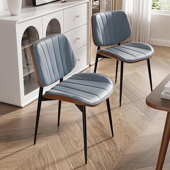 Dining Chairs Set of 6, Mid Century Modern Dining Room Chairs, Upholstered Faux Leather Kitchen Chairs with Walnut Bentwood Back and Metal Legs, Blue