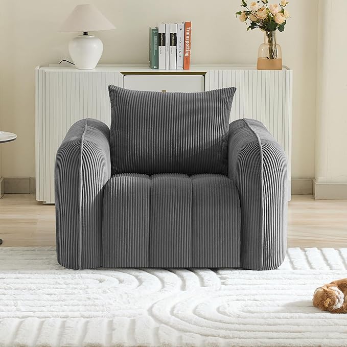 Oversized Boneless Corduroy Accent Chair, Comfy Deep Seat Armchair for Bedroom, Modern Upholstered Living Room Sofa Chair with Pillow, No Assembly, Grey