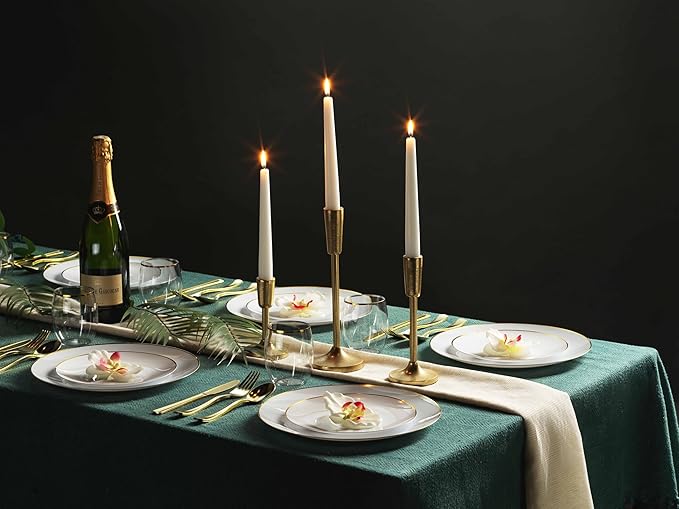 Munfix 100 Gold Plastic Plates Set, 10.25 Inch Disposable Dinner Plates, Elegant Fancy Heavy Duty for Party, Wedding, White with Gold Rim