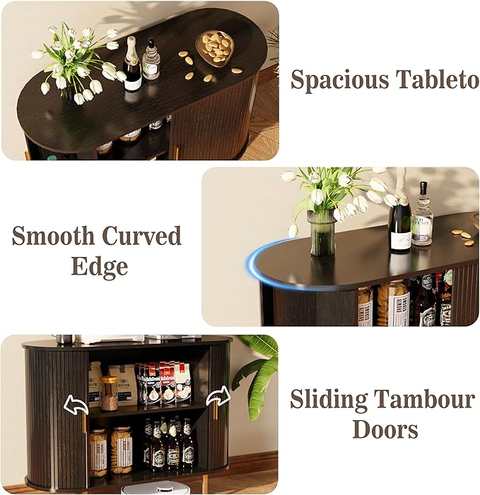 DHH Sideboard Buffet Cabinet with Storage Fluted with Tambour Sliding Doors& Adjustable Shelf, Accent Coffee Bar Console Table for Kitchen, Living Room, Entryway (Black, 40 inch)