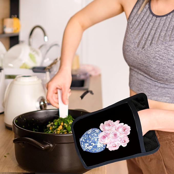 Chinoiserie Pink Peony Floral Pot Holders with Pockets, Blue and White Porcelain Peony Flower Oven Pot Holders Heat Resistant Oven Mitts Hot Pads for Kitchen Baking Cooking