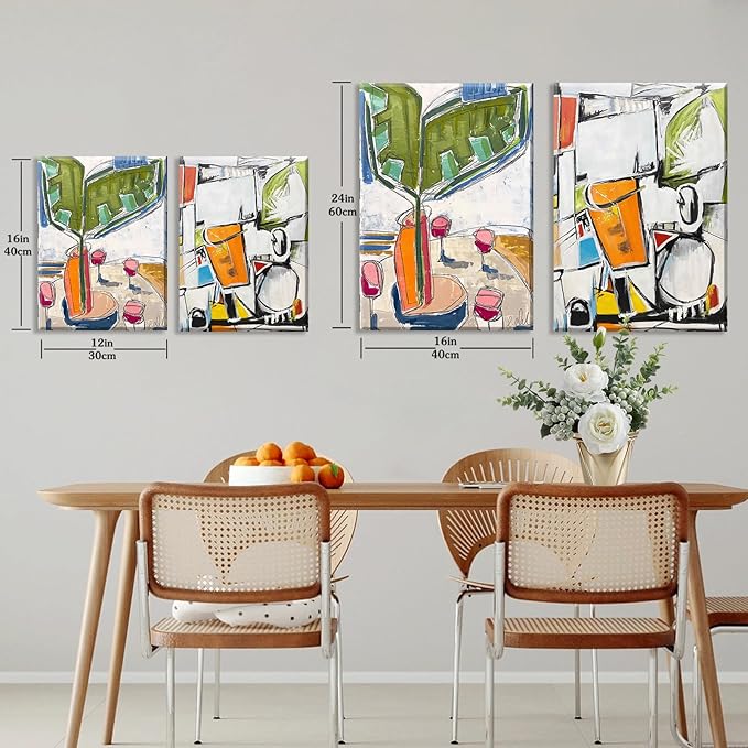 Framed 2pcs Abstract White Green Wall Art Geometric Print Colorful Dining Room Canvas Painting Modern Mexican Style Picture Living Room Kitchen Dining Room Cafe Decor Ready to Hang 16X24inch
