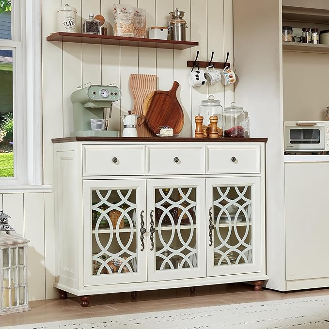Farmhouse Sideboard Buffet Cabinet Set of 2 with Storage,48" Large Credenza with 3 Glass Doors & 3 Drawers,Adjustable Shelves Console Table,Wood Kitchen Coffee Bar for Dining Room,White