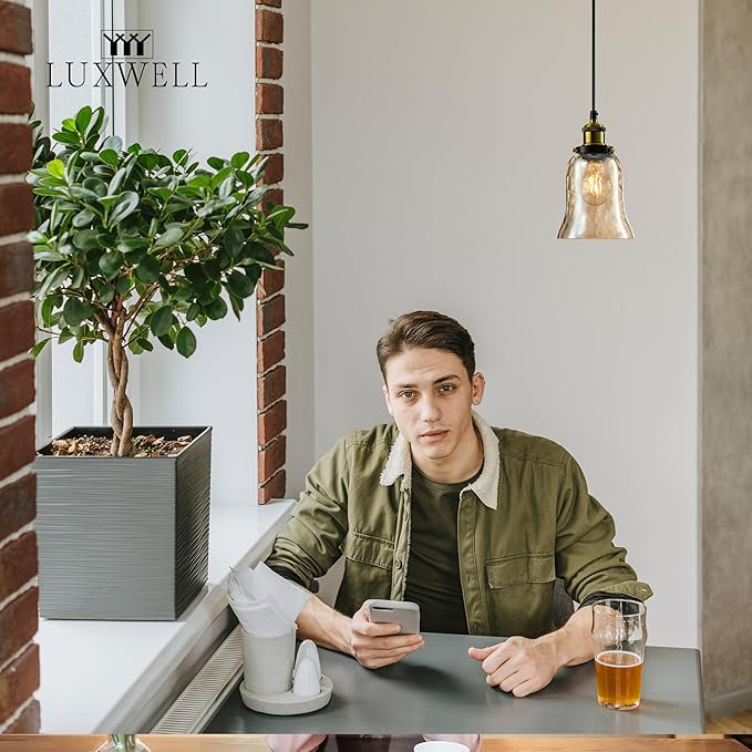 Modern Glass Pendant Light, 5.5"x6.3" Amber Ribbed Globe Light Fixture with Gold Cap, 15"-72" Adjustable Cord, E26 Socket for Dining or Lounge Areas – Sunrise Glow Trumpet