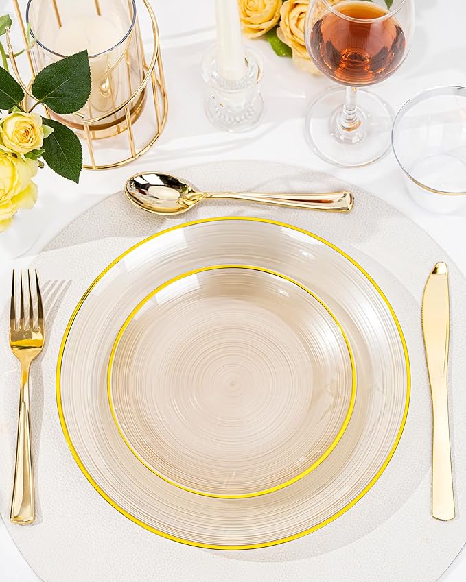 Morejoy 60Pcs Brown Plastic Plates,Brown Disposable Plates With Gold Rim, Gold Party Dinnerware Set Include 30 Dessert plates,30 Dinner plates for Party,Thanksgiving